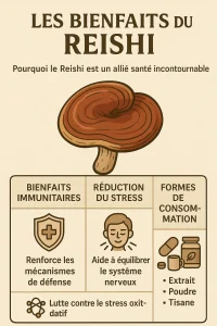 Infographie illustrant les bienfaits et vertus du reishi