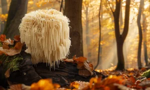 Champignons adaptogène crinière de lion sur une souche d'arbre en forêt.